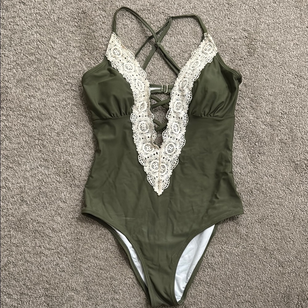 Cupshe Green and Cream Lace Trim Bodysuit Swimwear